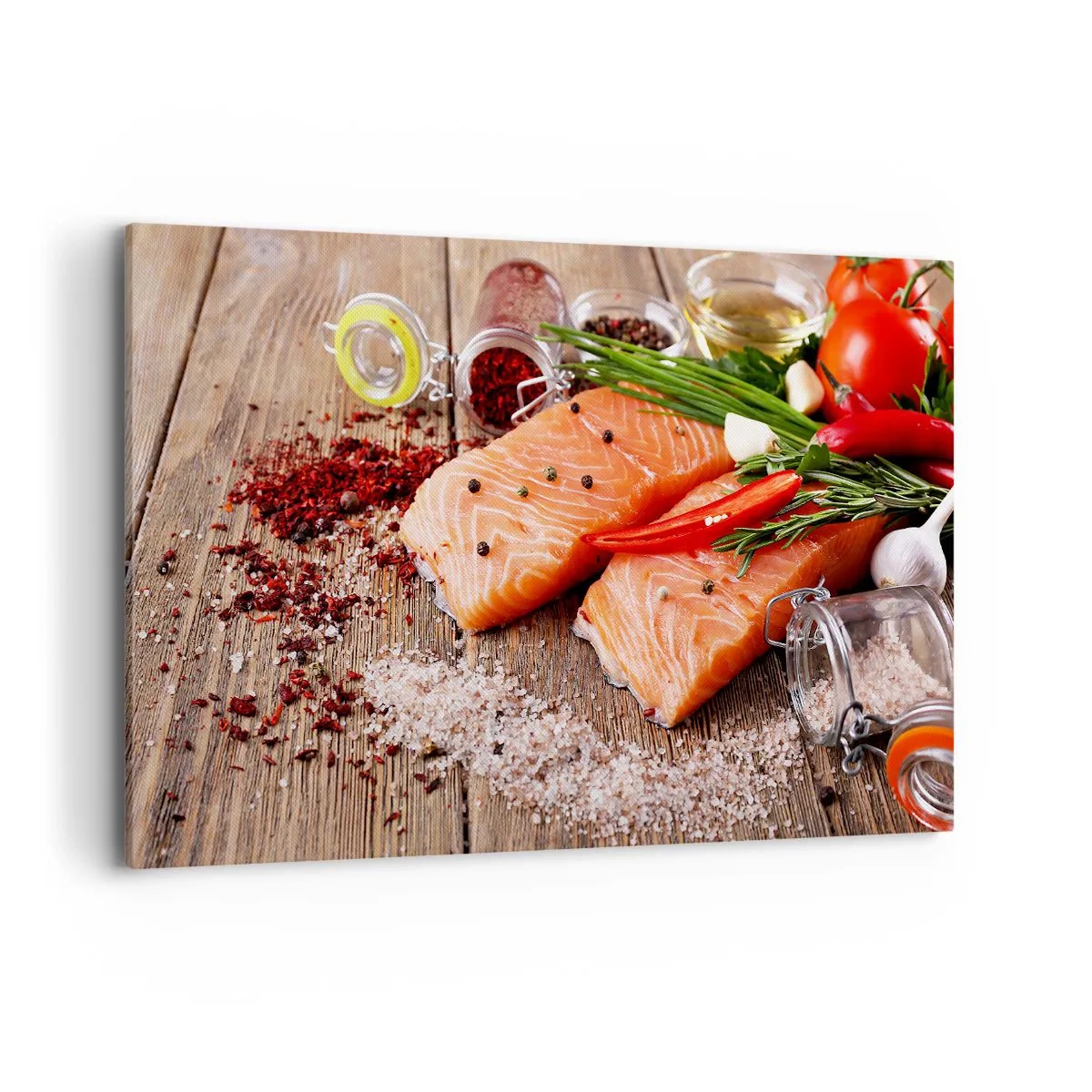 Bild auf Leinwand - Leinwandbild - Lachsfilets mit Gewürzen auf Holzhintergrund - 120x80cm - Norwegisches Abenteuer in der Küche - Moderne Wanddekoration für Wohnzimmer und Schlafzimmer ARTTOR