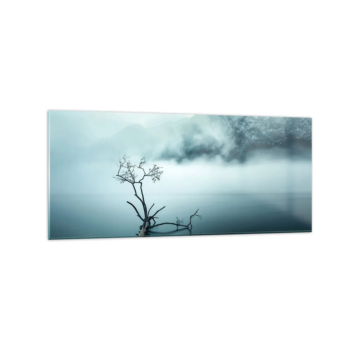 Glasbild - Bild auf glas - Ein einsamer Baum im Wasser, umgeben von Nebel und Bergen - 120x50cm - Aus Wasser und Nebel - Moderne Wanddekoration für Wohnzimmer und Schlafzimmer ARTTOR