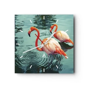 Wanduhr - Glasuhr - Zwei Flamingos im ruhigen Wasser spiegeln ihre Umgebung wider - 30x30cm - Wir sind jetzt in Mode - Moderne Wanddekoration für Wohnzimmer und Schlafzimmer ARTTOR