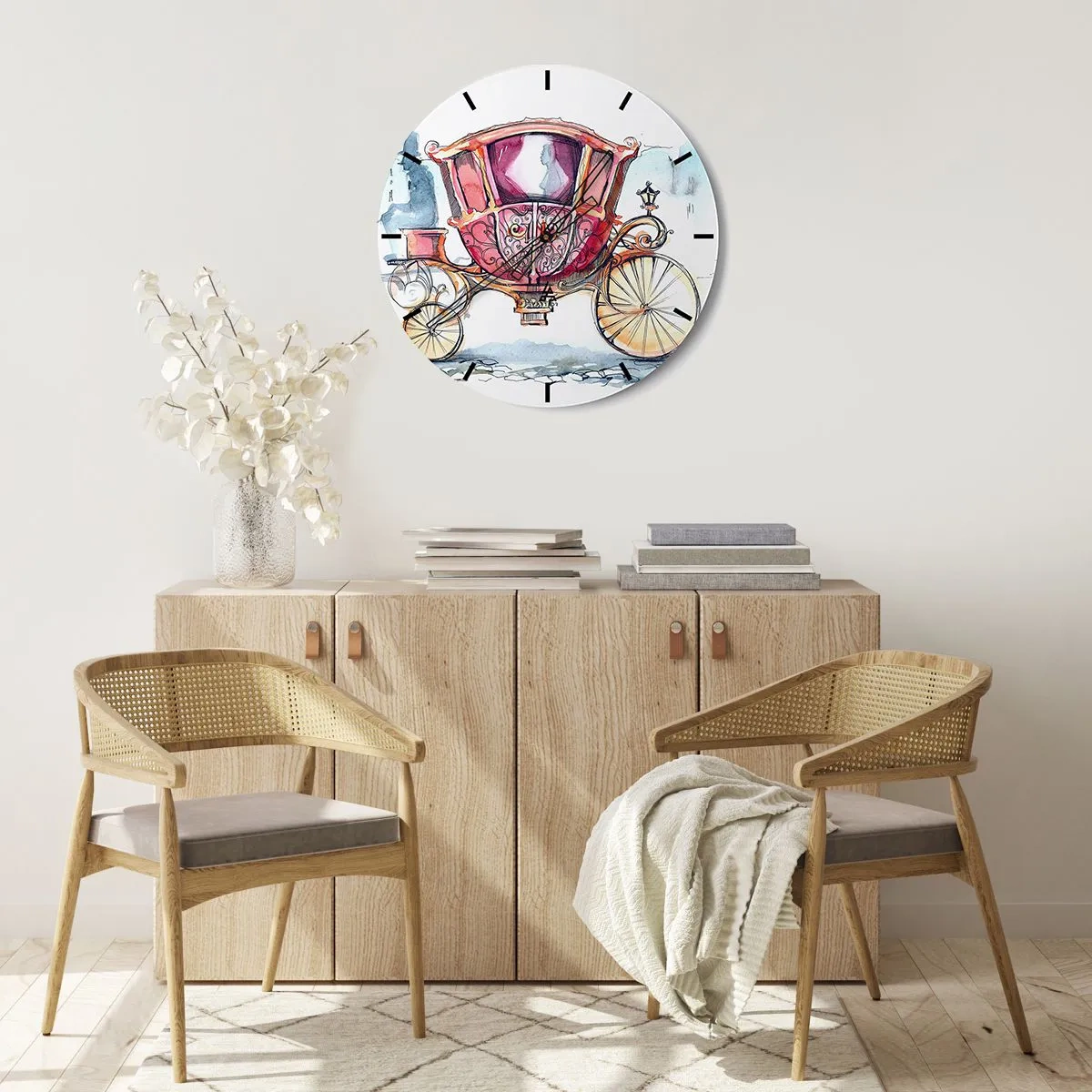 Wanduhr - Glasuhr - Bunte Kutsche im Aquarellstil - 30x30cm - Zur Hochzeit oder zum Abschlussball? - Moderne Wanddekoration für Wohnzimmer, Küche und Schlafzimmer ARTTOR