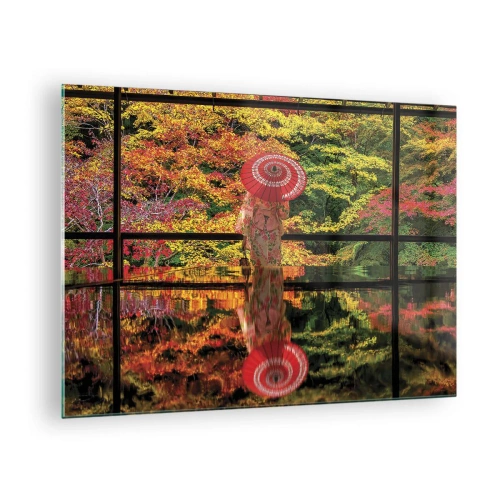 Glasbild - Bild auf glas - Eine Frau im Kimono mit Regenschirm vor einer Herbstlandschaft, die sich im Wasser spiegelt. - 70x50cm - Im Tempel der Natur - Moderne Wanddekoration für Wohnzimmer und Schlafzimmer ARTTOR