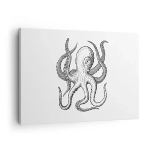Bild auf Leinwand - Leinwandbild - Schwarz-weiße Zeichnung eines Oktopus auf weißem Hintergrund im Vintage-Stil - 70x50cm - Mit den Wellen tanzen - Moderne Wanddekoration für Wohnzimmer und Schlafzimmer ARTTOR