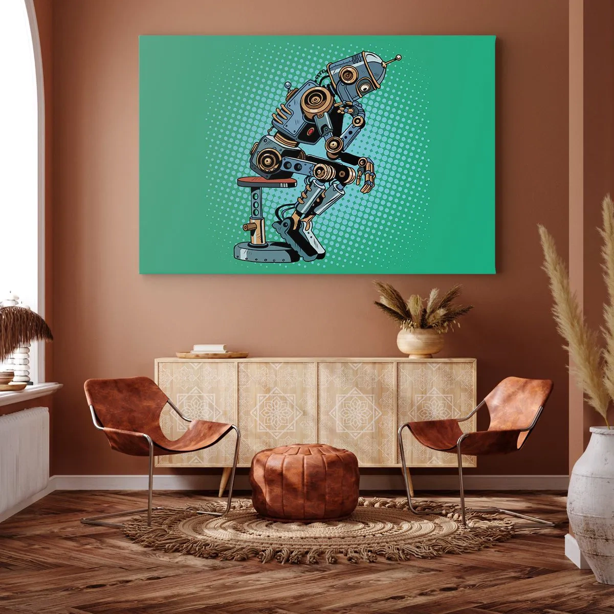 Bild auf Leinwand - Leinwandbild - Denkerroboter im Pop-Art-Stil auf grünem Hintergrund - 70x50cm - Über der Essenz des Seins - Moderne Wanddekoration für Wohnzimmer und Schlafzimmer ARTTOR