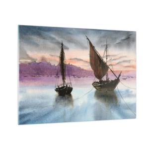 Glasbild - Bild auf glas - Zwei Segelboote auf ruhigem Wasser bei Sonnenuntergang - 70x50cm - Abend am Hafen - Moderne Wanddekoration für Wohnzimmer und Schlafzimmer ARTTOR