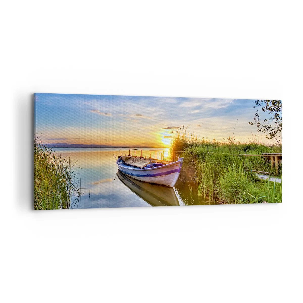 Bild auf Leinwand - Leinwandbild - Ein Boot in einer ruhigen Bucht bei Sonnenuntergang - 120x50cm - Bucht erfüllter Träume - Moderne Wanddekoration für Wohnzimmer und Schlafzimmer ARTTOR