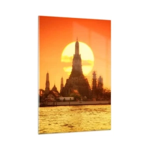 Glasbild - Bild auf glas - Sonnenuntergang über dem Tempel mit Spiegelbild im Wasser - 80x120cm - Der Sonne entgegen, immer der Sonne entgegen - Moderne Wanddekoration für Wohnzimmer und Schlafzimmer ARTTOR