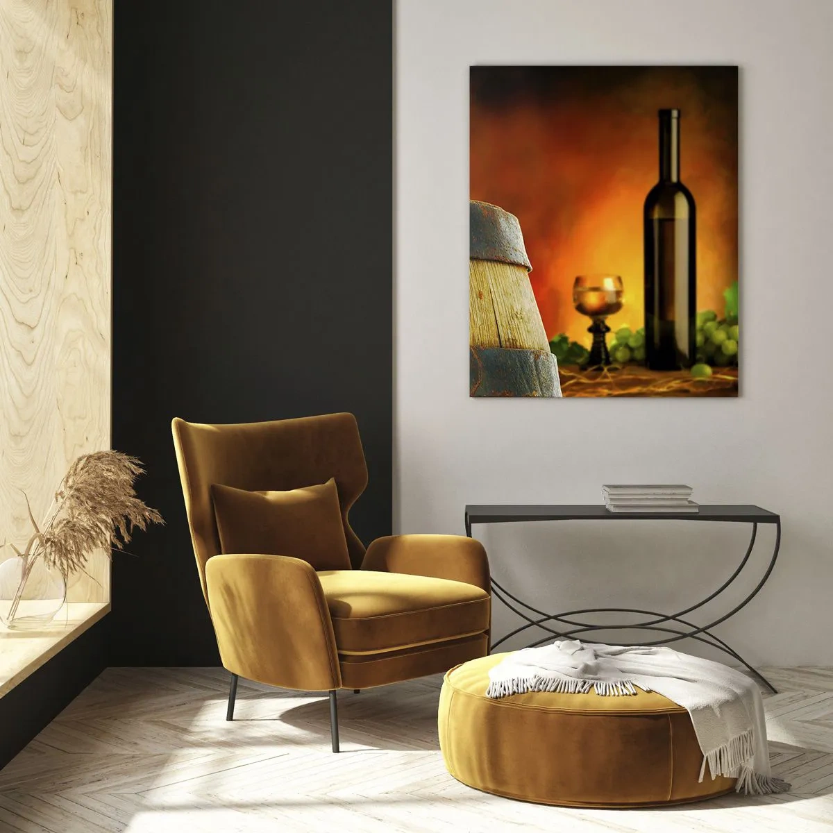 Glasbild - Bild auf glas - Trauben auf einem Fass in rustikalem Ambiente mit Wein im Hintergrund - 50x70cm - Stillleben mit einer Flasche Wein und einer Weintraube - Moderne Wanddekoration für Wohnzimmer und Schlafzimmer ARTTOR