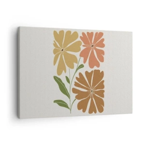 Bild auf Leinwand - Leinwandbild - Drei Blumen in warmen Farben auf hellem Hintergrund - 70x50cm - Natur und Geometrie - Moderne Wanddekoration für Wohnzimmer und Schlafzimmer ARTTOR