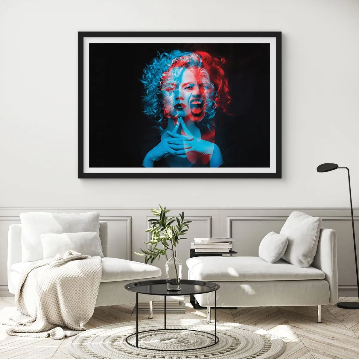 Poster in einem schwarzem Rahmen - Doppelporträt einer Frau in Rot und Blau - 100x70cm - Alter Ego - Moderne Wanddekoration für Wohnzimmer und Schlafzimmer ARTTOR