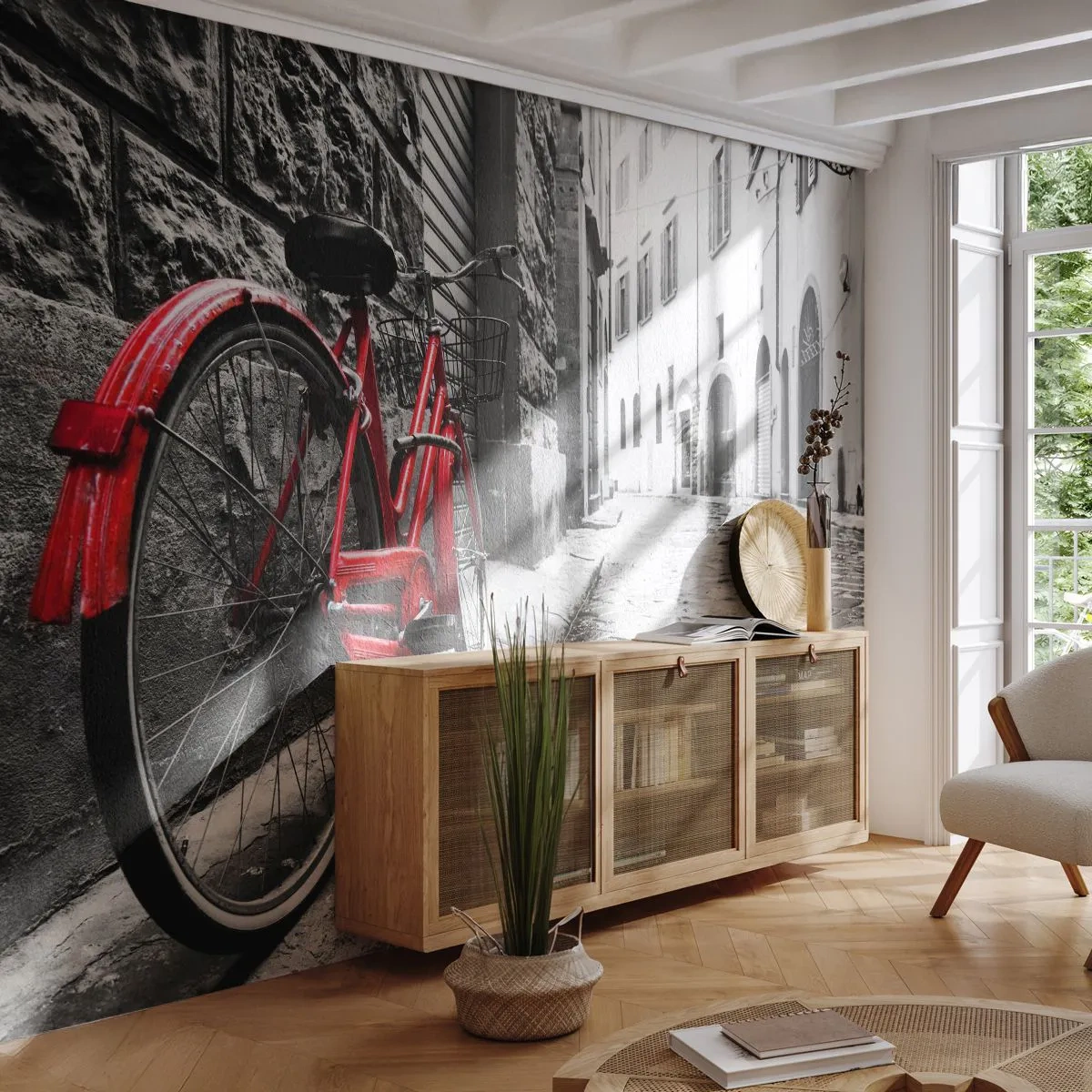 Fototapete Premium Sand - Ein rotes Fahrrad auf einer gepflasterten Stadtstraße - 100x70cm - Wahre Schönheit wird nicht alt - Moderne Wanddekoration für Wohnzimmer und Schlafzimmer ARTTOR
