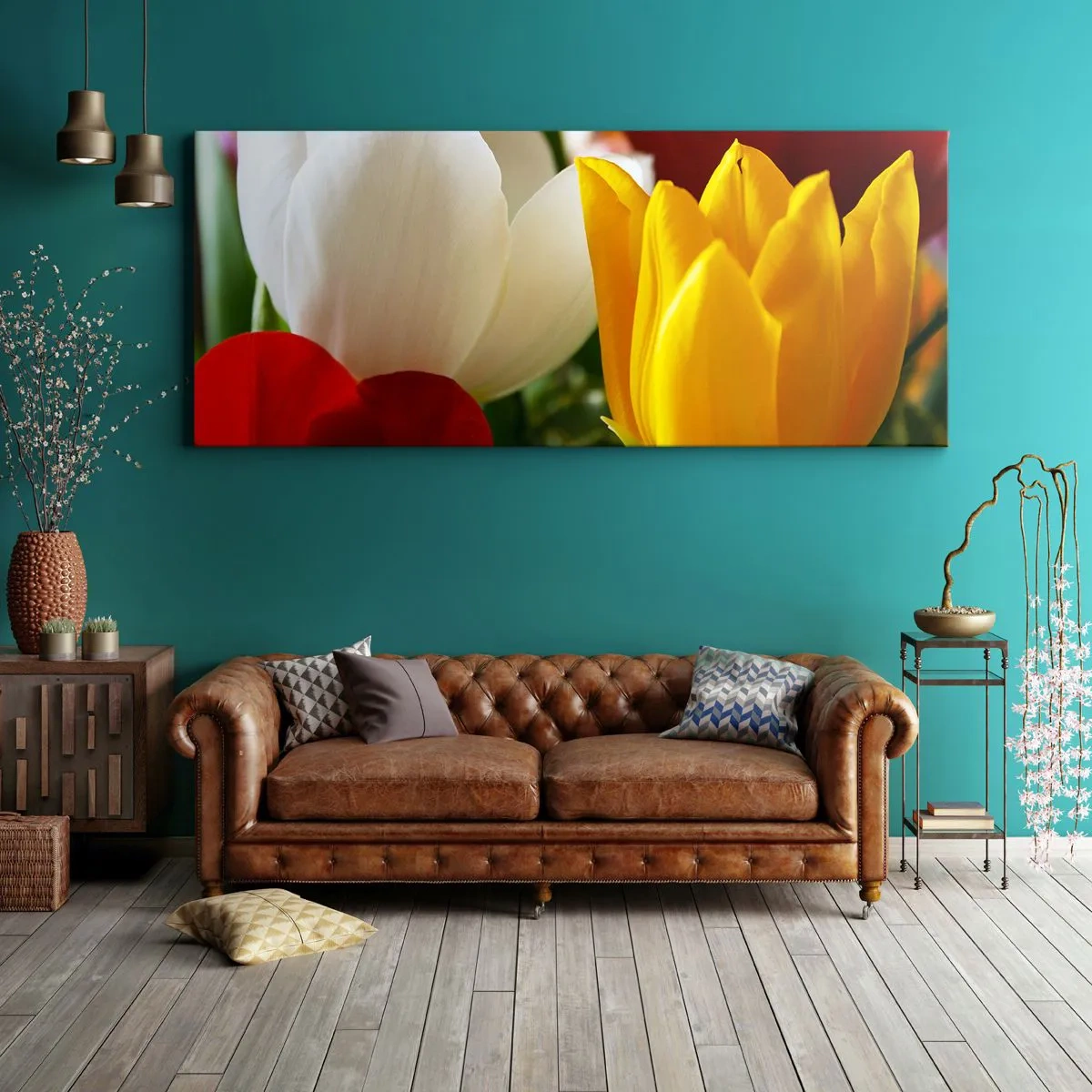 Bild auf Leinwand - Leinwandbild - Nahaufnahme von bunten Tulpen vor einem Frühlingshintergrund - 160x50cm - Tulpenfieber - Moderne Wanddekoration für Wohnzimmer und Schlafzimmer ARTTOR