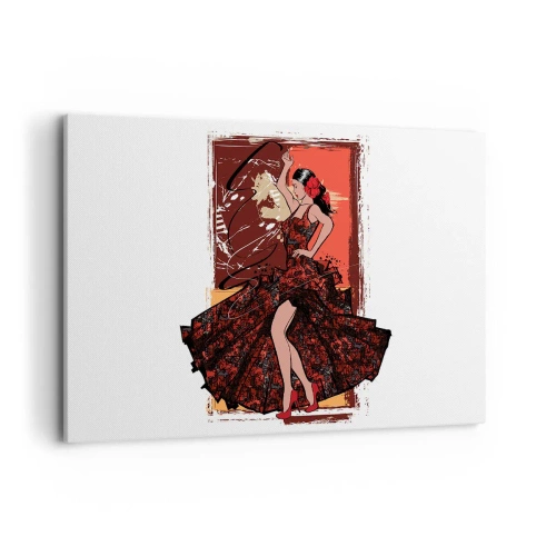 Bild auf Leinwand - Leinwandbild - Eine Tänzerin in einem rot-schwarzen Kleid vor einem künstlerischen Hintergrund - 120x80cm - Im Rhythmus des Herzens - Moderne Wanddekoration für Wohnzimmer und Schlafzimmer ARTTOR
