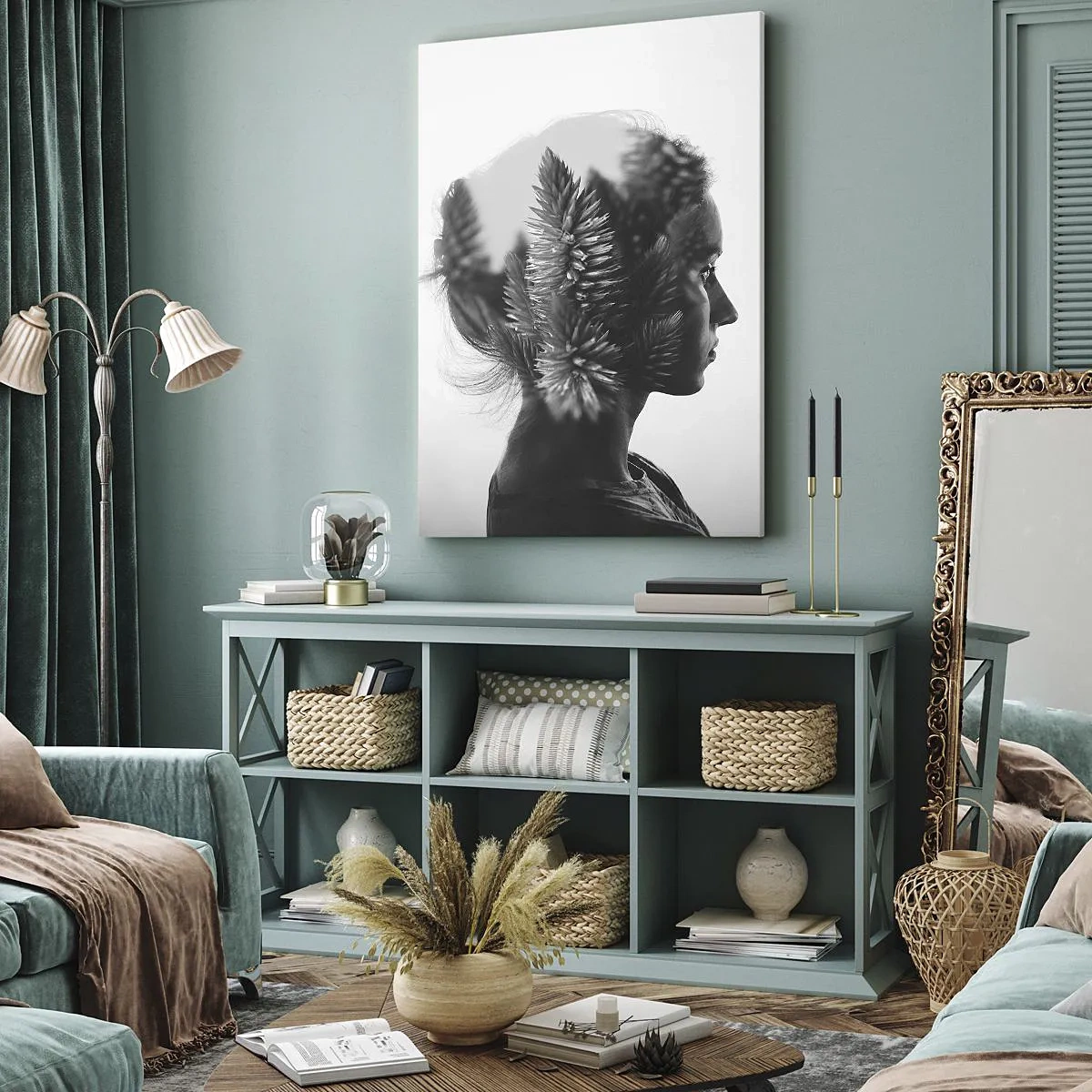 Bild auf Leinwand - Leinwandbild - Ein subtiles Porträt mit Elementen der Natur - 50x70cm - Dame des Kiefernwaldes - Moderne Wanddekoration für Wohnzimmer und Schlafzimmer ARTTOR