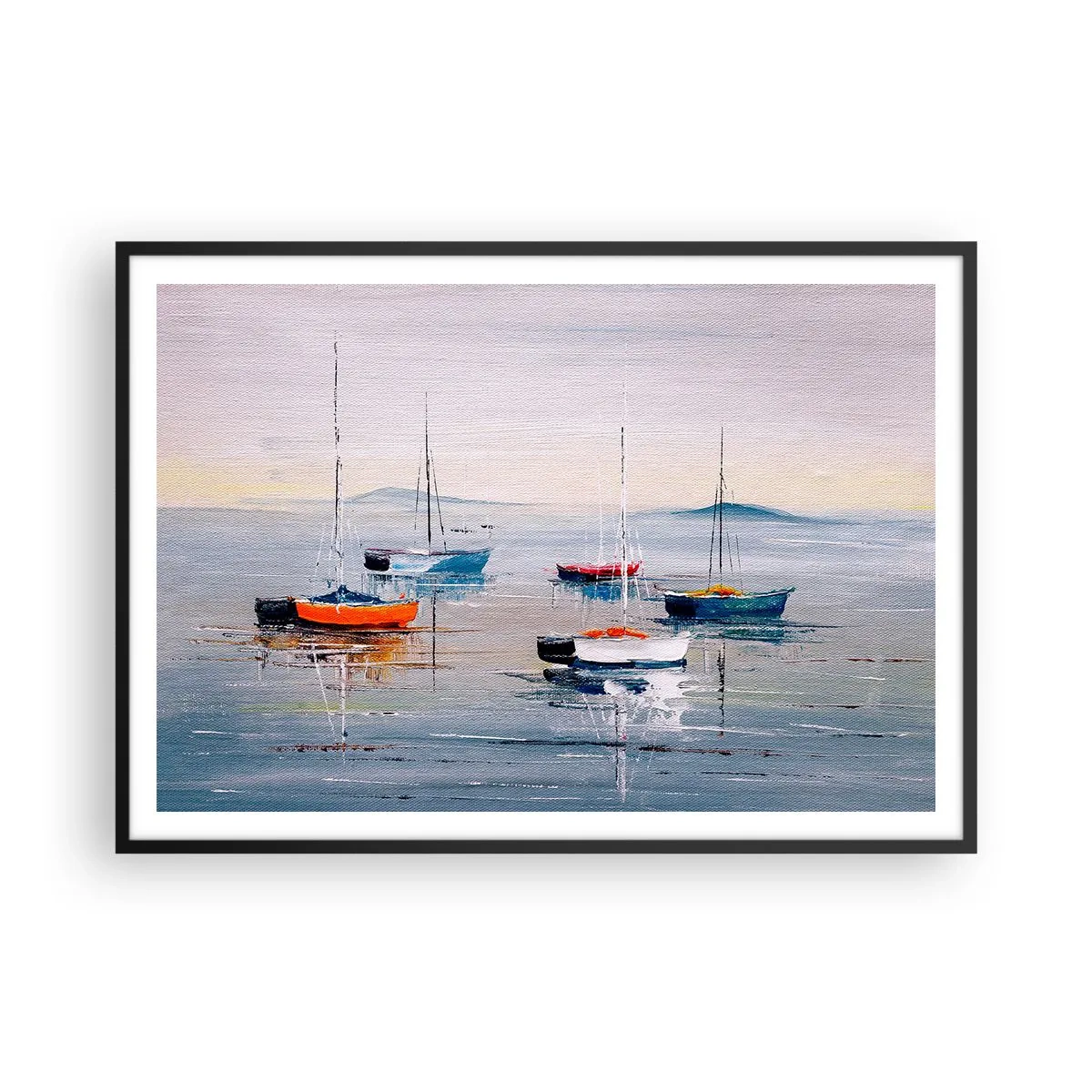 Poster in einem schwarzem Rahmen - Bunte Boote auf ruhigem Wasser - 100x70cm - Wohlverdiente Ruhe - Moderne Wanddekoration für Wohnzimmer und Schlafzimmer ARTTOR