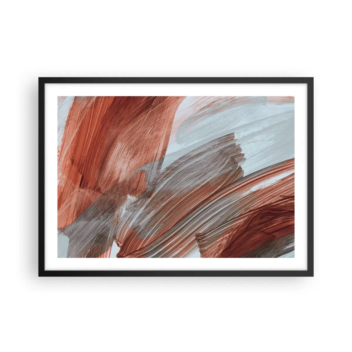 Poster in einem schwarzem Rahmen - Abstrakte Pinselstriche in Kupfer- und Grautönen - 70x50cm - Herbst und windige Abstraktion - Moderne Wanddekoration für Wohnzimmer und Schlafzimmer ARTTOR