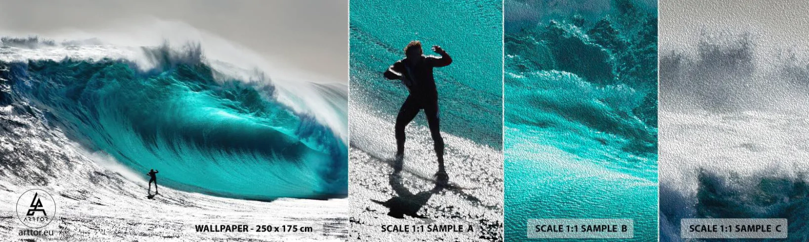 Fototapeten Muster Premium Sand - Herausforderung angenommen - Surfen, Hohe Welle, Surfer - 100x30 cm