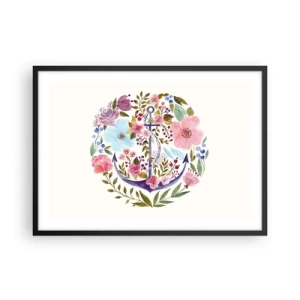 Poster in einem schwarzem Rahmen - Ein Anker, umgeben von Aquarellblumen auf hellem Hintergrund - 70x50cm - Guter Traum eines Seemanns - Moderne Wanddekoration für Wohnzimmer und Schlafzimmer ARTTOR
