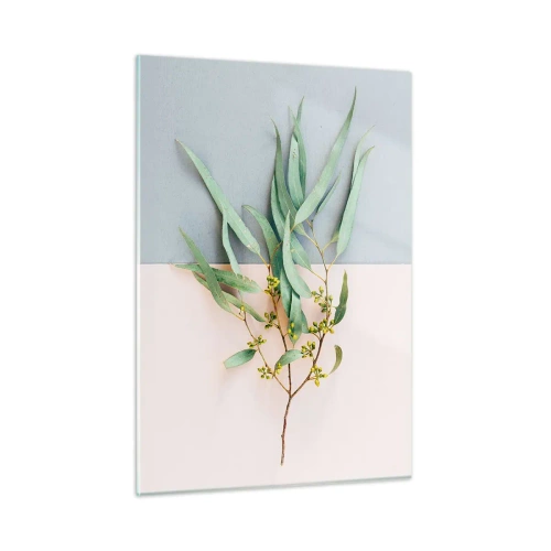 Glasbild - Bild auf glas - Ein Zweig Eukalyptus auf pastellfarbenem Hintergrund - 50x70cm - Pastellige Subtilität - Moderne Wanddekoration für Wohnzimmer und Schlafzimmer ARTTOR