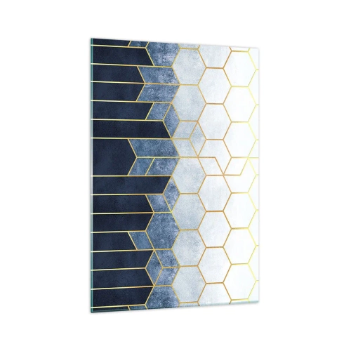 Glasbild - Bild auf glas - Geometrisches Muster in Gold- und Marineblautönen - 70x100cm - Komposition im synkopischen Rhythmus - Moderne Wanddekoration für Wohnzimmer und Schlafzimmer ARTTOR