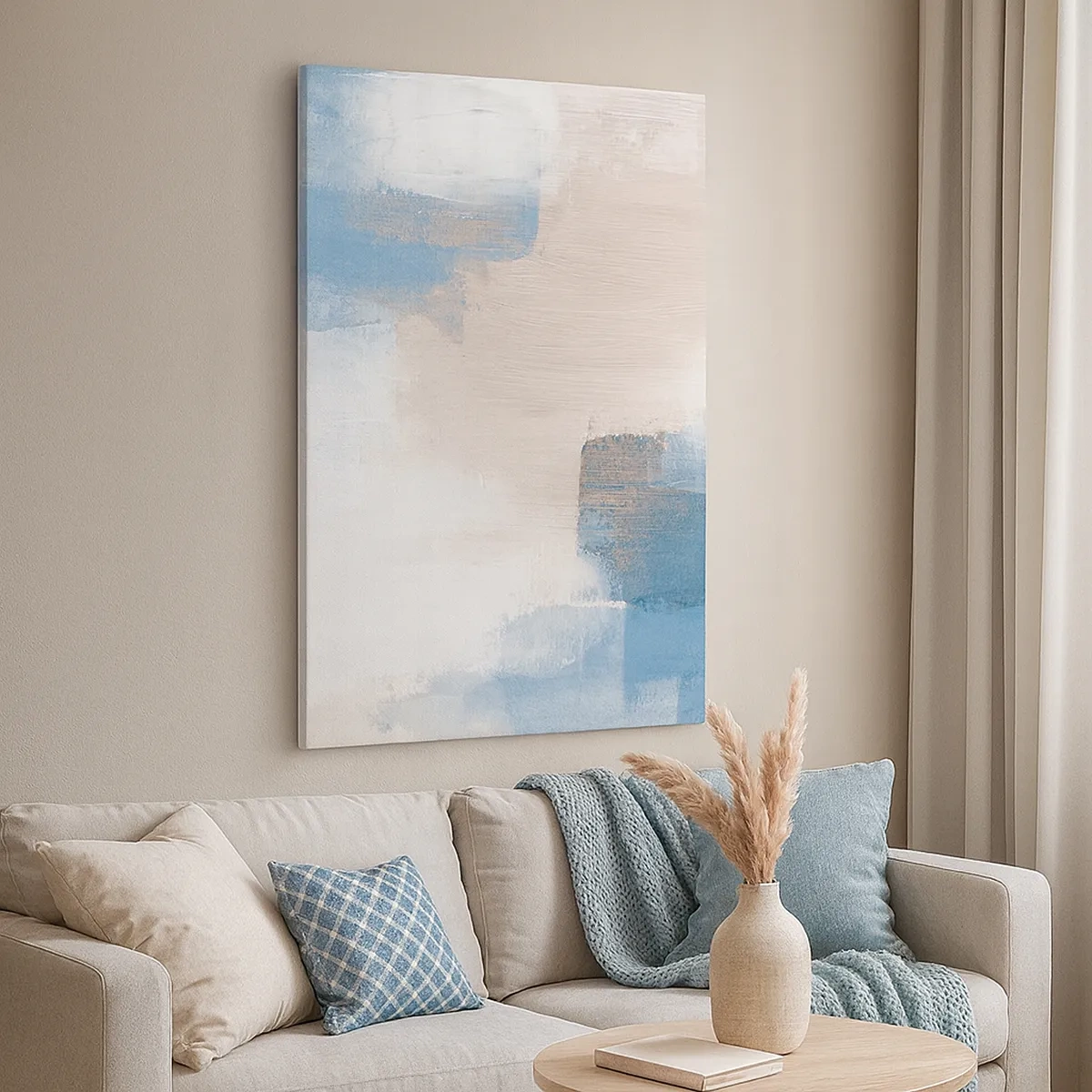 Bild auf Leinwand - Leinwandbild - Abstrakte Formen in Blau- und Beigetönen - 50x70cm - Rosa Abstraktion hinter einem blauen Vorhang - Moderne Wanddekoration für Wohnzimmer und Schlafzimmer ARTTOR