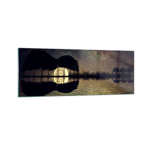 Glasbild - Bild auf glas - Eine magische Nacht mit Bäumen und dem Mond, der sich im Wasser spiegelt - 140x50cm - Nacht am Ende der Welt - Moderne Wanddekoration für Wohnzimmer und Schlafzimmer ARTTOR
