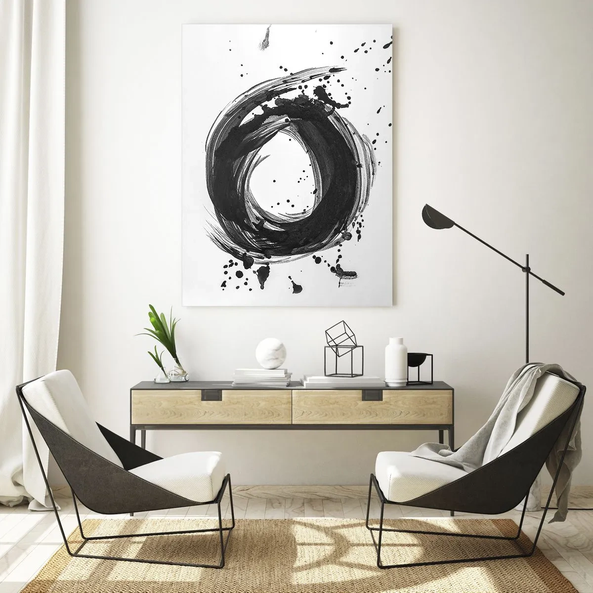 Glasbild - Bild auf glas - Eine minimalistische Komposition in Form eines schwarzen Pinsels auf Weiß - 50x70cm - Der Wirbel der Schöpfung - Moderne Wanddekoration für Wohnzimmer und Schlafzimmer ARTTOR