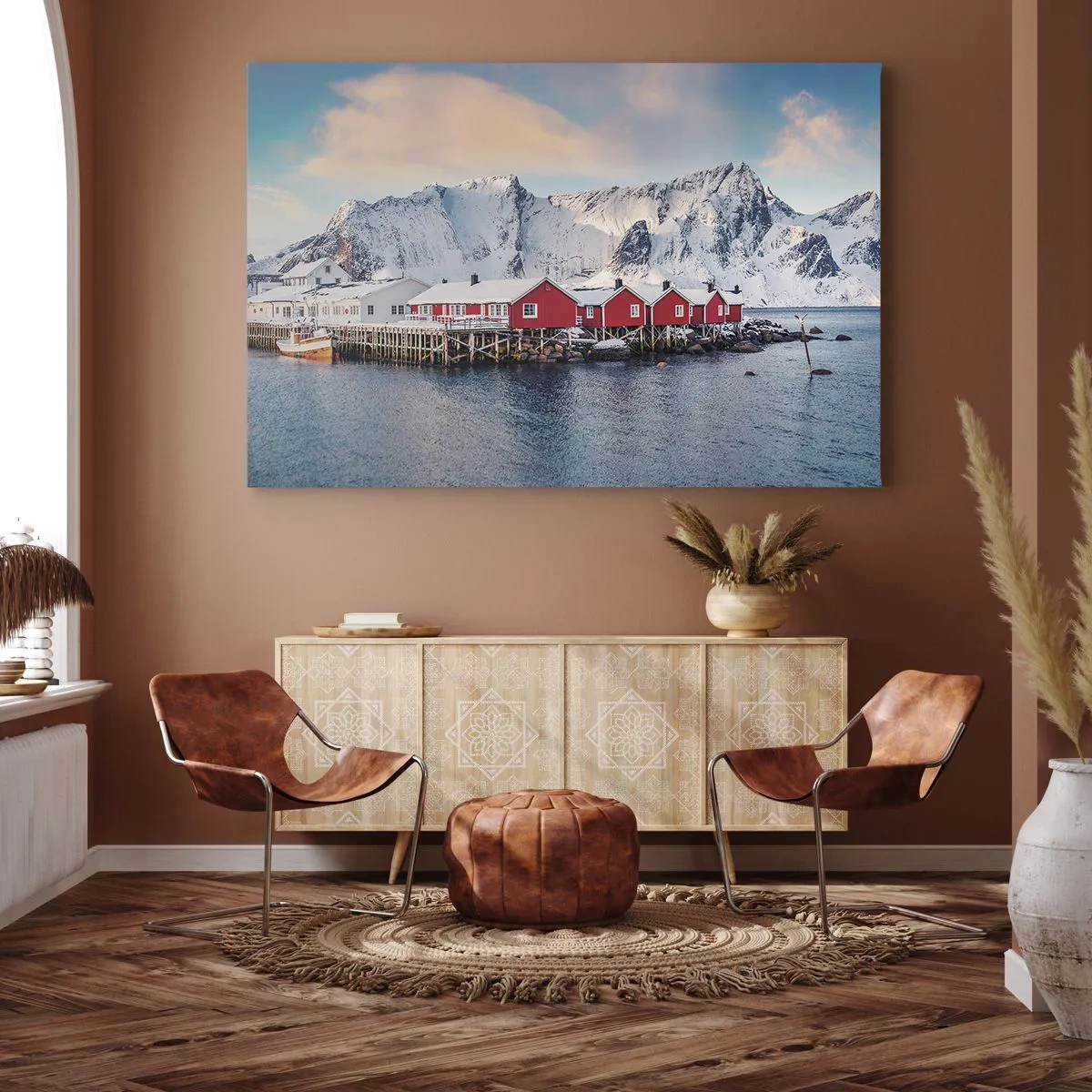 Bild auf Leinwand - Leinwandbild - Rote Häuser vor dem Hintergrund schneebedeckter Berge und des blauen Meeres - 70x50cm - Nördlicher Rückzug - Moderne Wanddekoration für Wohnzimmer und Schlafzimmer ARTTOR