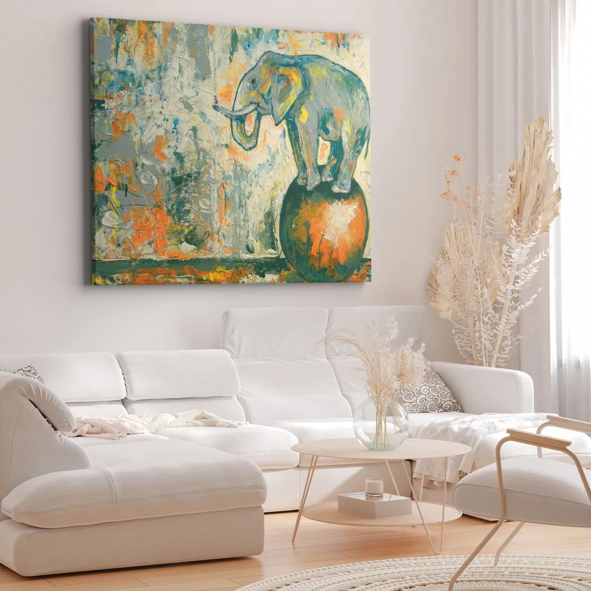 Bild auf Leinwand - Leinwandbild - Ein Elefant, der auf einem Ball balanciert, in einem künstlerischen Stil - 120x80cm - Es lebe der Zirkus! - Moderne Wanddekoration für Wohnzimmer und Schlafzimmer ARTTOR