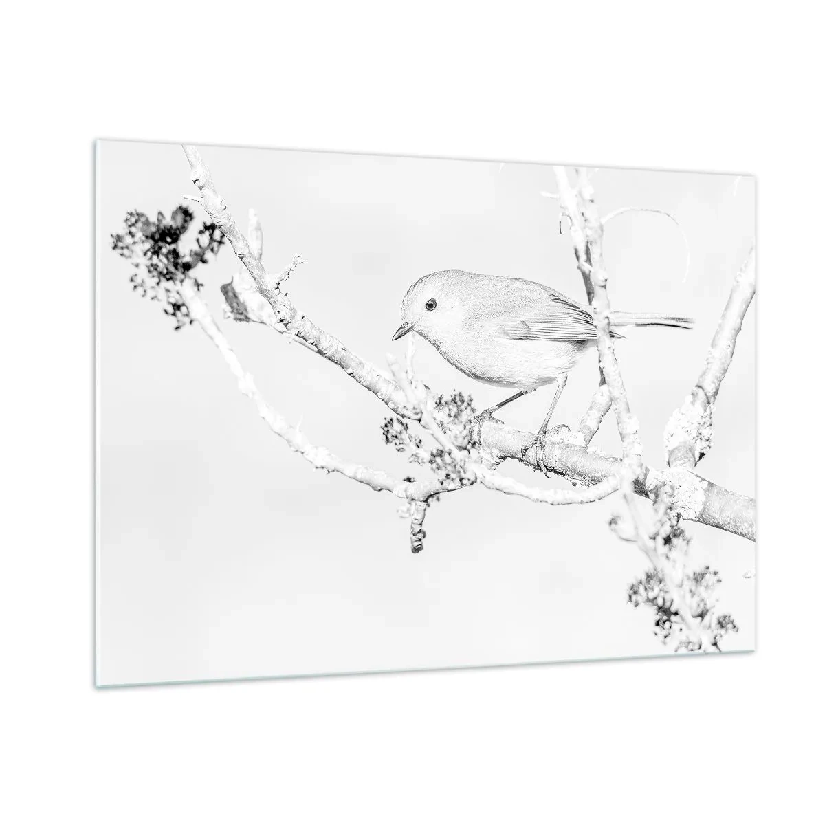 Glasbild - Bild auf glas - Ein Vogel sitzt auf einem Ast in einer monochromen Winterlandschaft. - 100x70cm - Wintermorgen - Moderne Wanddekoration für Wohnzimmer und Schlafzimmer ARTTOR