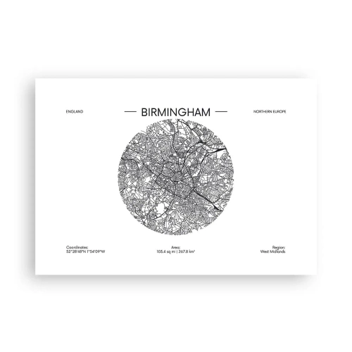 Poster - Eine minimalistische Schwarzweißkarte von Birmingham mit präzisen Details. - 100x70cm - Anatomie von Birmingham - Moderne Wanddekoration für Wohnzimmer und Schlafzimmer ARTTOR