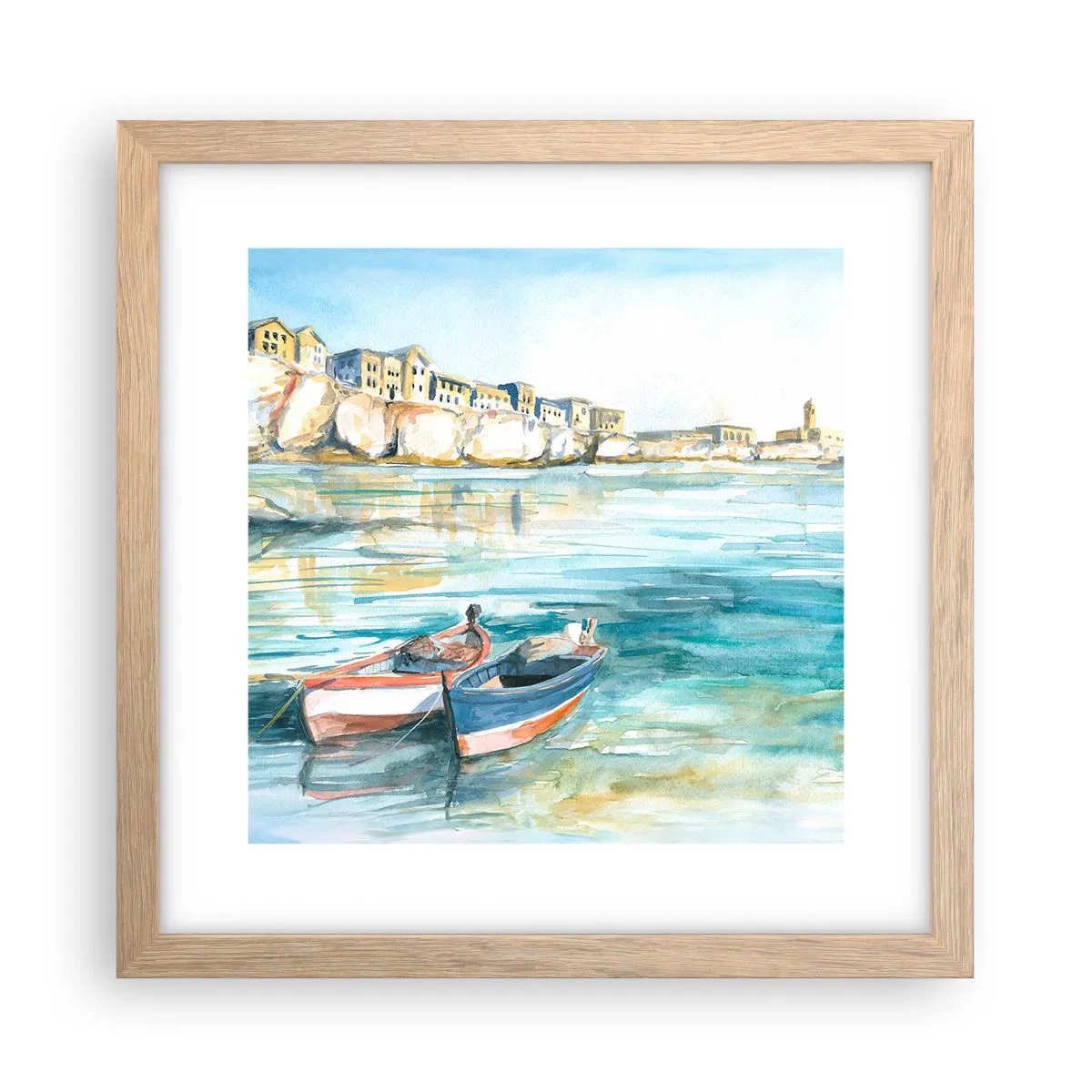 Poster in einem Rahmen aus heller Eiche - Landschaft in Azurblau - 30x30 cm