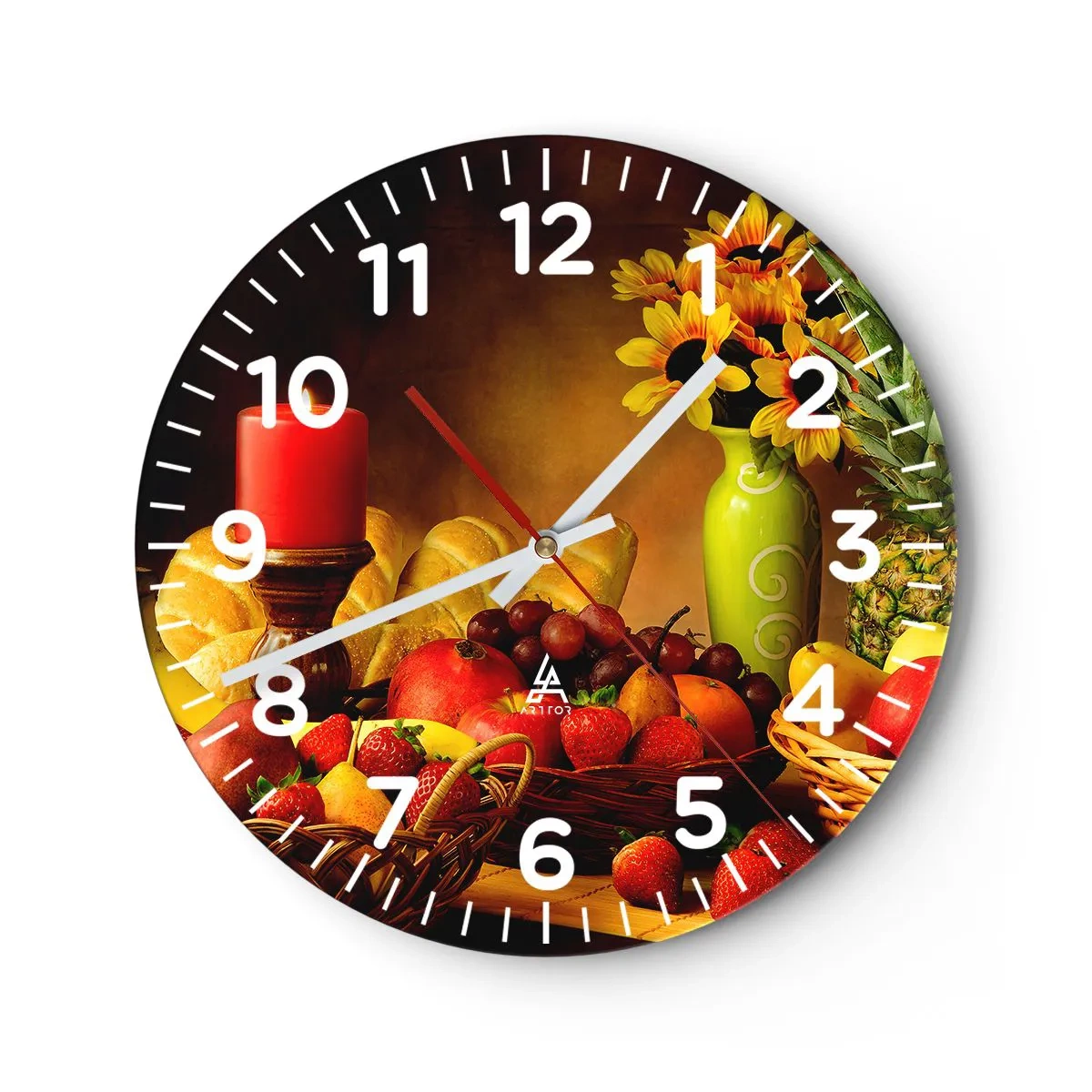 Wanduhr - Glasuhr - Stillleben mit Brot und Obst - 40x40 cm