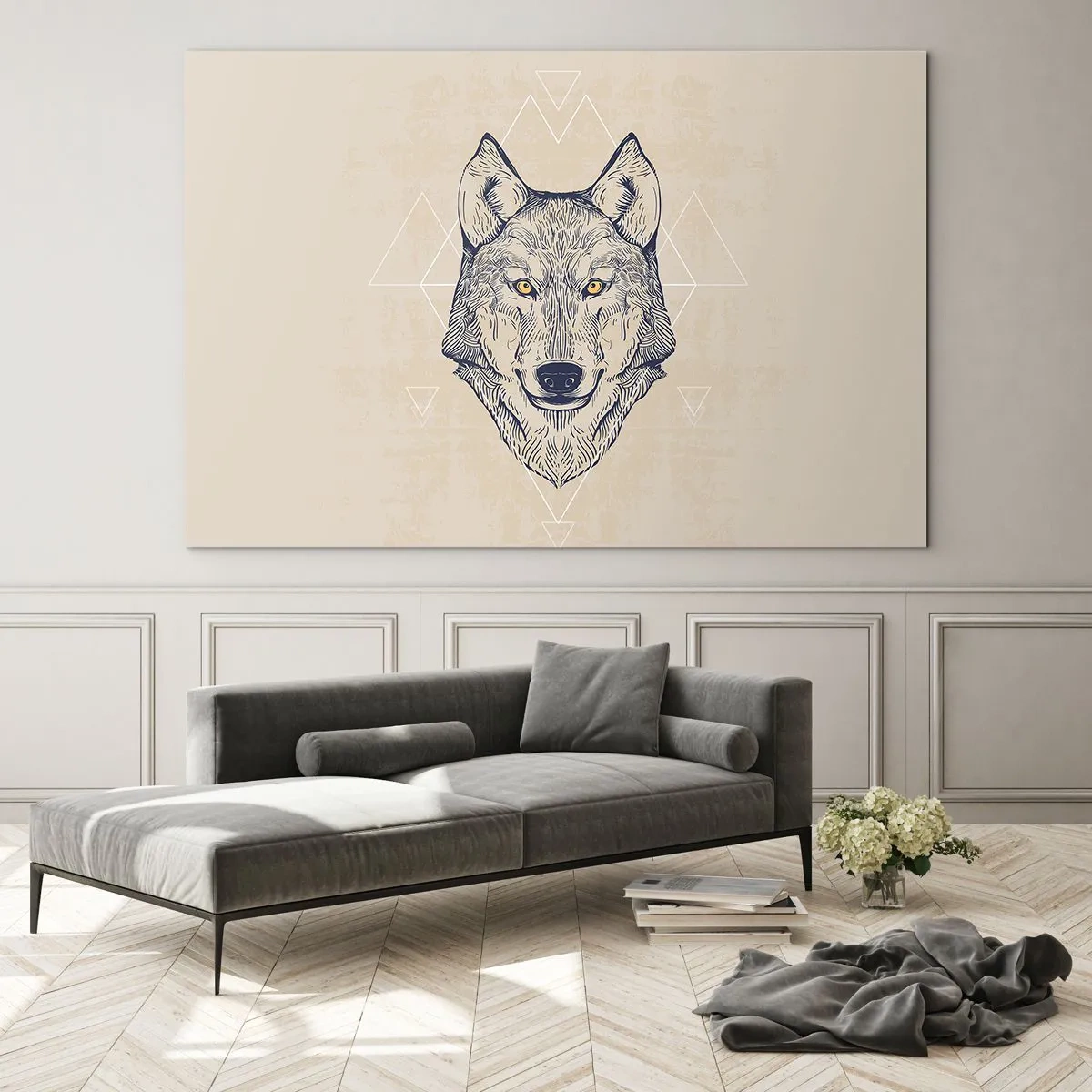 Glasbild - Bild auf glas - Wolfskopf vor einem Hintergrund aus geometrischen Mustern - 120x80cm - Ein Alpha mit durchdringendem Blick - Moderne Wanddekoration für Wohnzimmer und Schlafzimmer ARTTOR