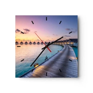 Wanduhr - Glasuhr - Der Pier, der bei Sonnenuntergang zu den Cottages am Wasser führt - 30x30cm - Urlaub - zurück zu den Quellen - Moderne Wanddekoration für Wohnzimmer und Schlafzimmer ARTTOR