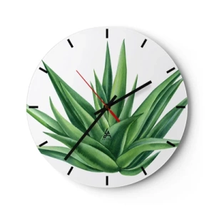 Wanduhr - Glasuhr - Grüne Agave auf weißem Hintergrund im botanischen Stil - 30x30cm - Grün – Kraft – Leben - Moderne Wanddekoration für Wohnzimmer, Küche und Schlafzimmer ARTTOR