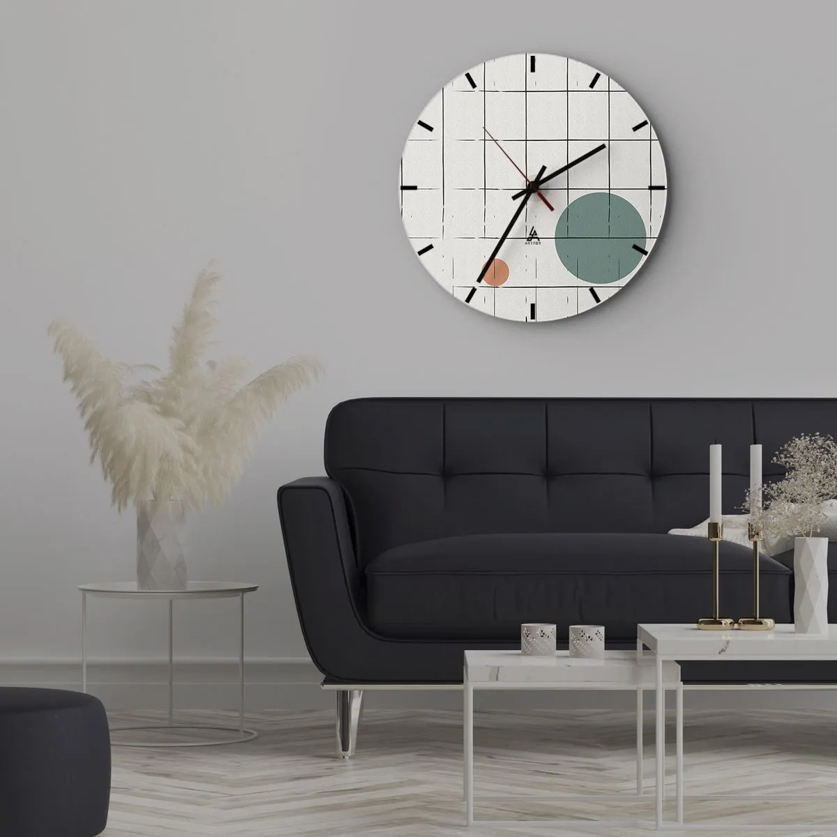 Wanduhr - Glasuhr - Ein Raster aus Vertikalen und Horizontalen mit farbigen Kreisen auf dem Hintergrund - 30x30cm - Gefangen. Wir oder sie? - Moderne Wanddekoration für Wohnzimmer, Küche und Schlafzimmer ARTTOR