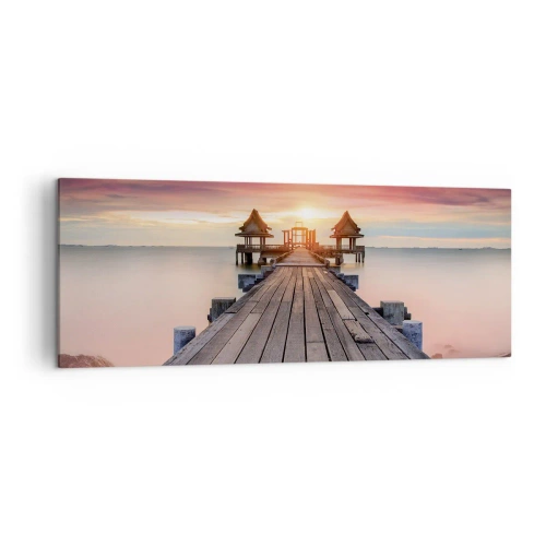 Bild auf Leinwand - Leinwandbild - Holzsteg führt zu Pavillons bei Sonnenuntergang - 140x50cm - Westen im Osten - Moderne Wanddekoration für Wohnzimmer und Schlafzimmer ARTTOR