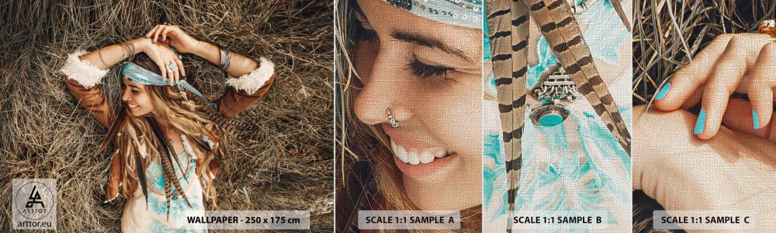 Fototapeten Muster Premium Canvas - Auf dem Weg in den Sommer der Liebe - Boho, Frau, Schmuck - 100x30 cm