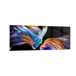 Glasbild - Bild auf glas - Bunte Silhouetten von Gesichtern in dynamischen Strömen auf schwarzem Hintergrund - 140x50cm - Eine Verschmelzung von Energie und Licht - Moderne Wanddekoration für Wohnzimmer und Schlafzimmer ARTTOR