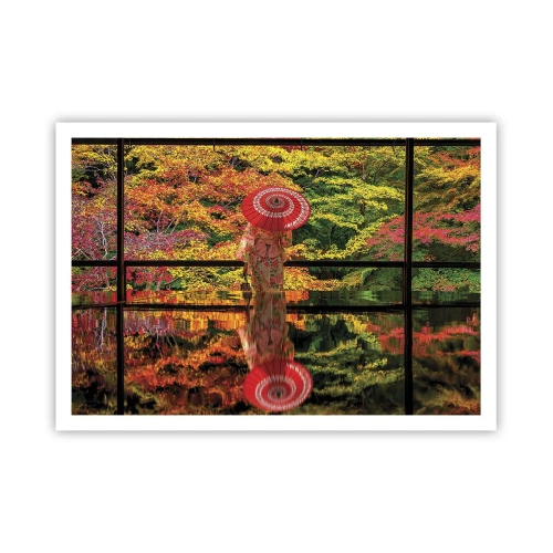 Poster - Eine Frau im Kimono mit Regenschirm vor dem Hintergrund einer Herbstlandschaft. - 100x70cm - Im Tempel der Natur - Moderne Wanddekoration für Wohnzimmer und Schlafzimmer ARTTOR