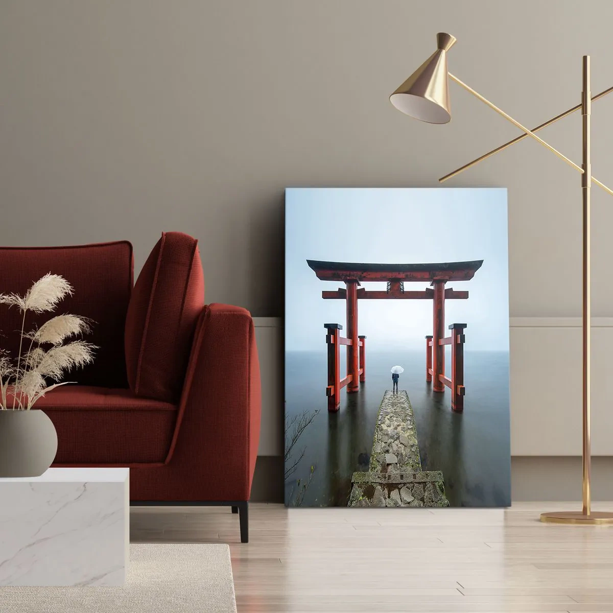 Bild auf Leinwand - Leinwandbild - Ein Torii-Tor mit Blick auf einen ruhigen See in Japan - 80x120cm - Japanische Träumerei - Moderne Wanddekoration für Wohnzimmer und Schlafzimmer ARTTOR