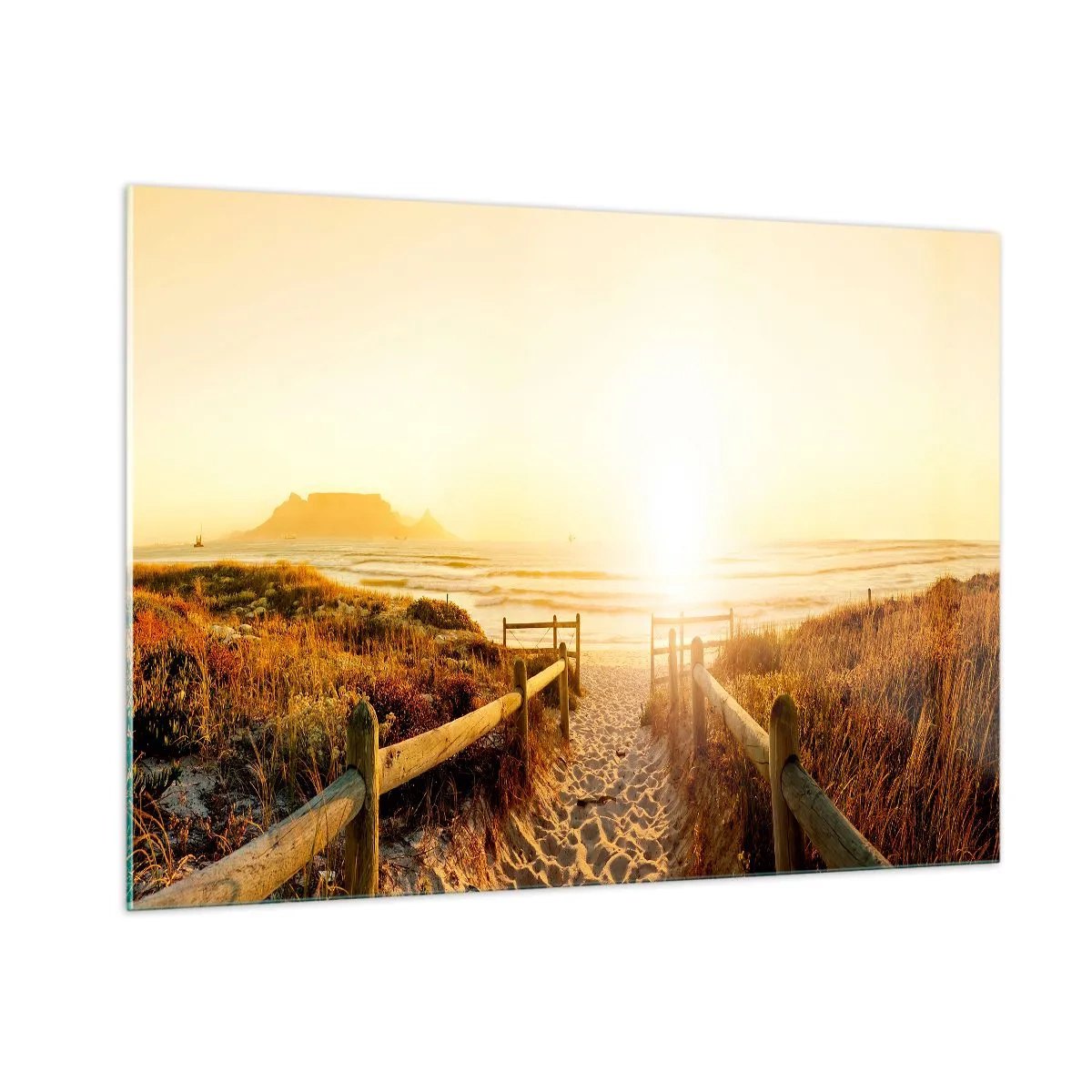 Glasbild - Bild auf glas - Weg über die Düne zum Strand bei Sonnenuntergang - 100x70cm - Über die Düne, der Sonne entgegen - Moderne Wanddekoration für Wohnzimmer und Schlafzimmer ARTTOR
