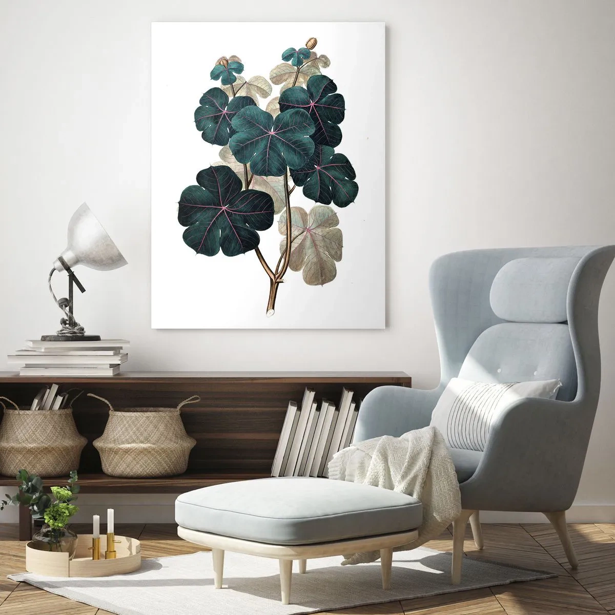 Glasbild - Bild auf glas - Botanische Illustration mit Blättern in Grün- und Beigetönen - 70x100cm - Aus dem alten Herbarium - Moderne Wanddekoration für Wohnzimmer und Schlafzimmer ARTTOR