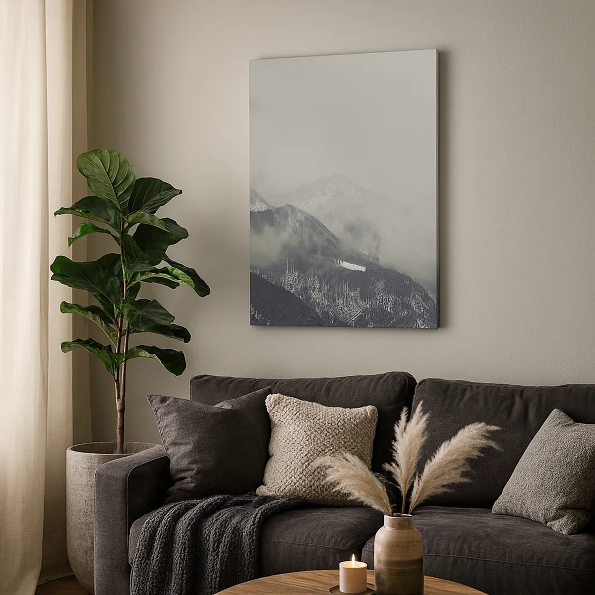 Bild auf Leinwand - Leinwandbild - Ein in Nebel gehülltes Bergtal in Grautönen - 50x70cm - Nebliges Tal - Moderne Wanddekoration für Wohnzimmer und Schlafzimmer ARTTOR