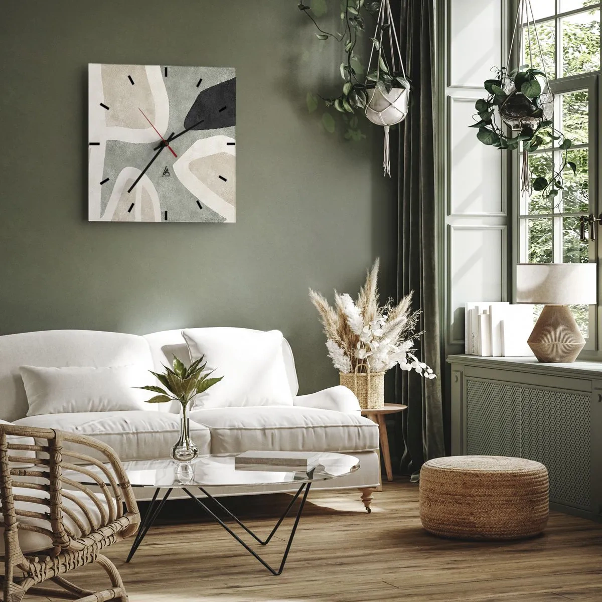 Wanduhr - Glasuhr - Komposition mit schwarzem Motiv - 40x40 cm