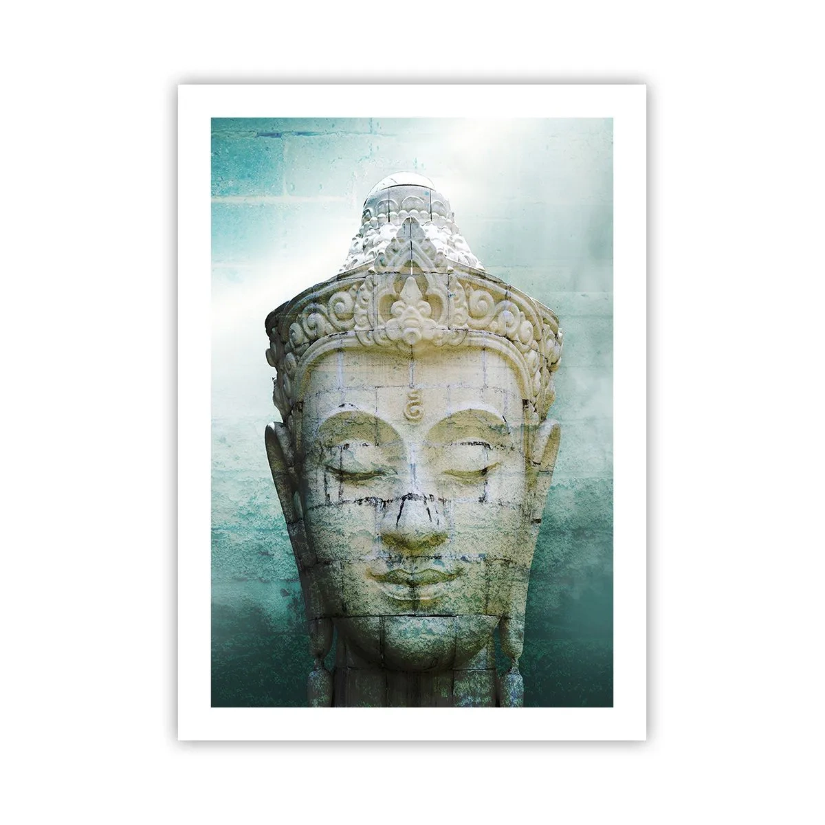 Poster - Eine Buddha-Statue vor einem Hintergrund in dezenten Grüntönen - 50x70cm - Auf der Suche nach dem Licht - Moderne Wanddekoration für Wohnzimmer und Schlafzimmer ARTTOR