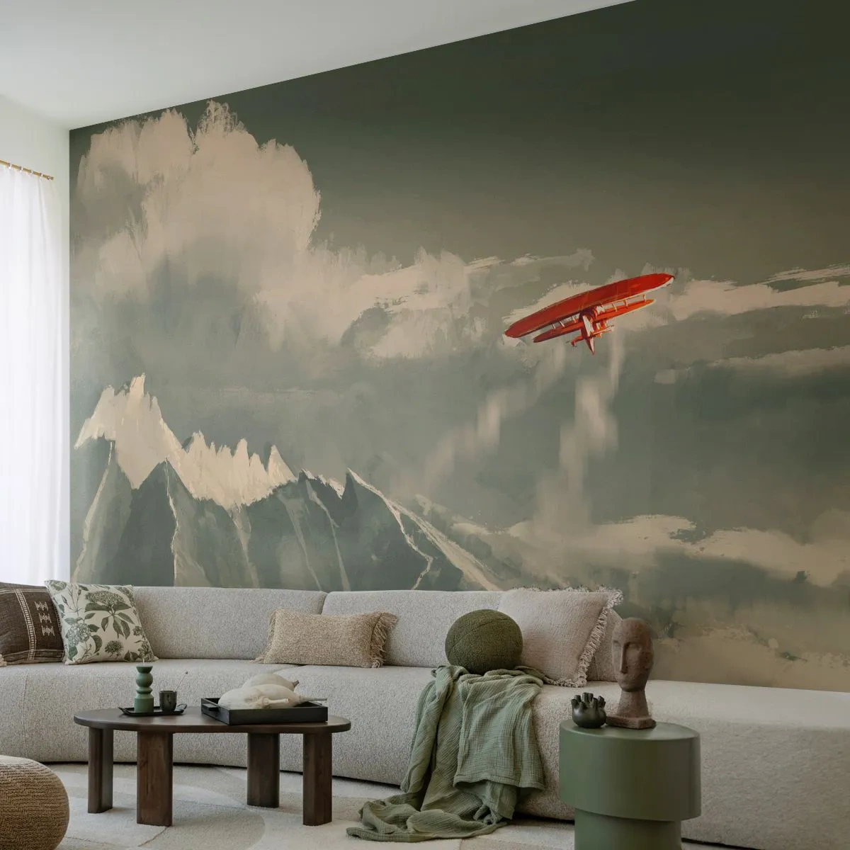 Selbstklebende Fototapete Deluxe Sticker - Furchtloser Pionier - Abstraktion, Flugzeug, Berglandschaft - 250x175 cm