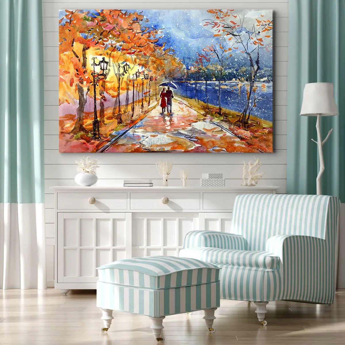 Bild auf Leinwand - Leinwandbild - Ein Herbstspaziergang im Park am Flussufer unter einem Regenschirm - 120x80cm - Gemeinsam bis an die Grenze der Zeit - Moderne Wanddekoration für Wohnzimmer und Schlafzimmer ARTTOR