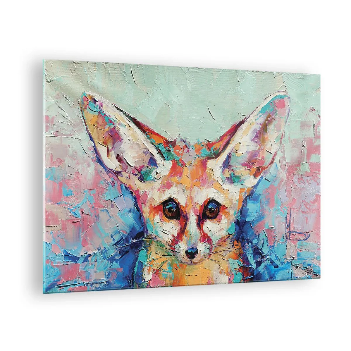 Glasbild - Bild auf glas - Farbenfrohes Porträt eines Fuchses mit ausdrucksstarken Augen und kräftigen Pinselstrichen - 70x50cm - Bist du bereit für mich? - Moderne Wanddekoration für Wohnzimmer und Schlafzimmer ARTTOR