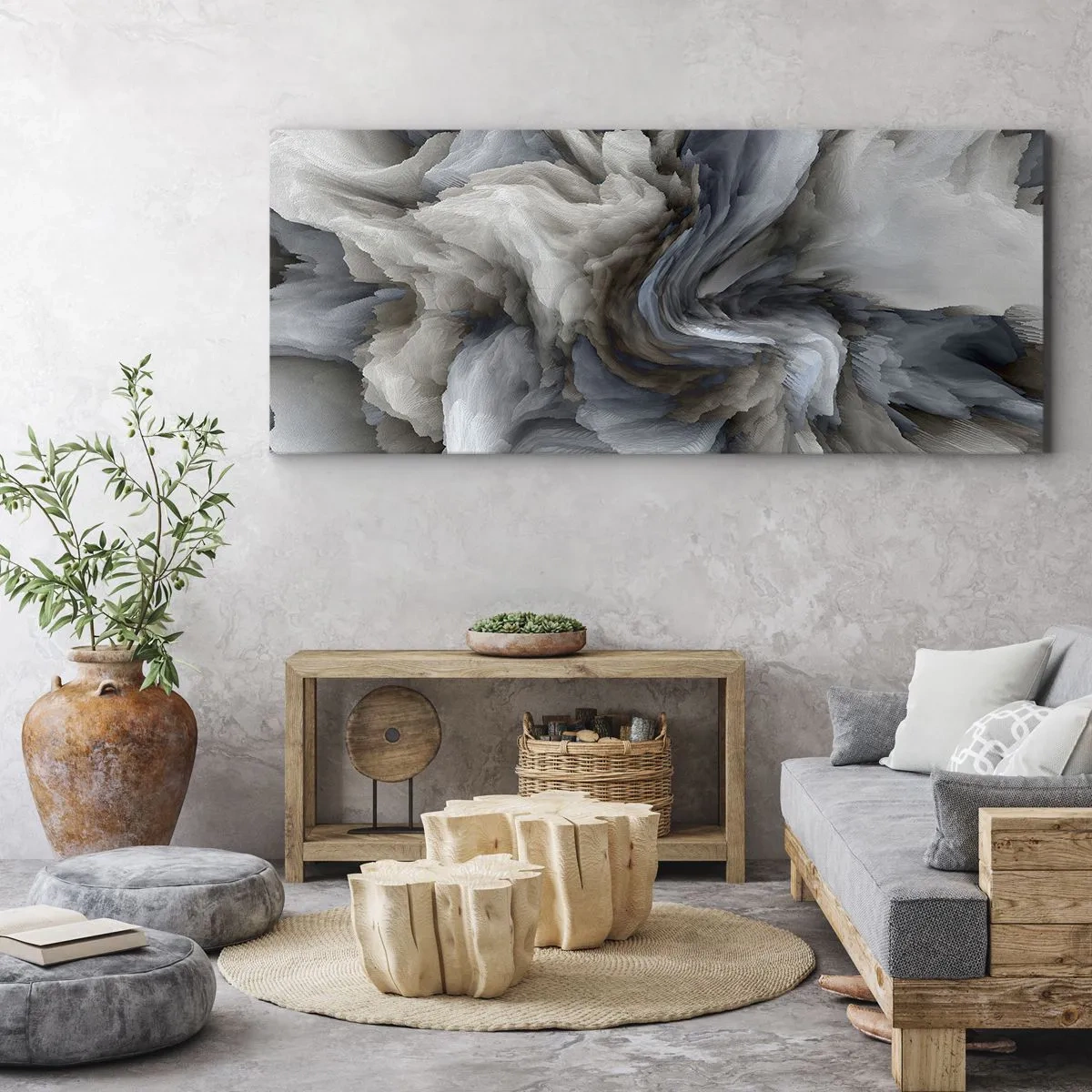 Bild auf Leinwand - Leinwandbild - Abstrakter Wirbel in Grau- und Blautönen - 140x50cm - Stein und Blume - Moderne Wanddekoration für Wohnzimmer und Schlafzimmer ARTTOR